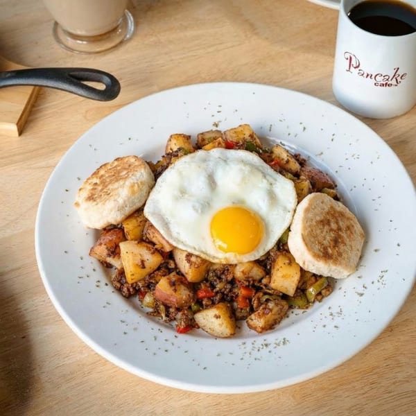 A breakfast skillet with potatoes, peppers, ground meat, a sunny-side-up egg, and two biscuits.