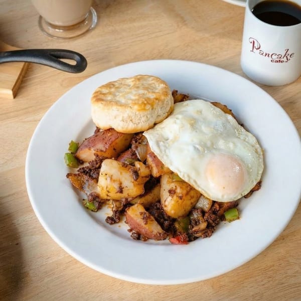 Breakfast plate with potatoes, ground meat, green peppers, a biscuit, and fried egg.