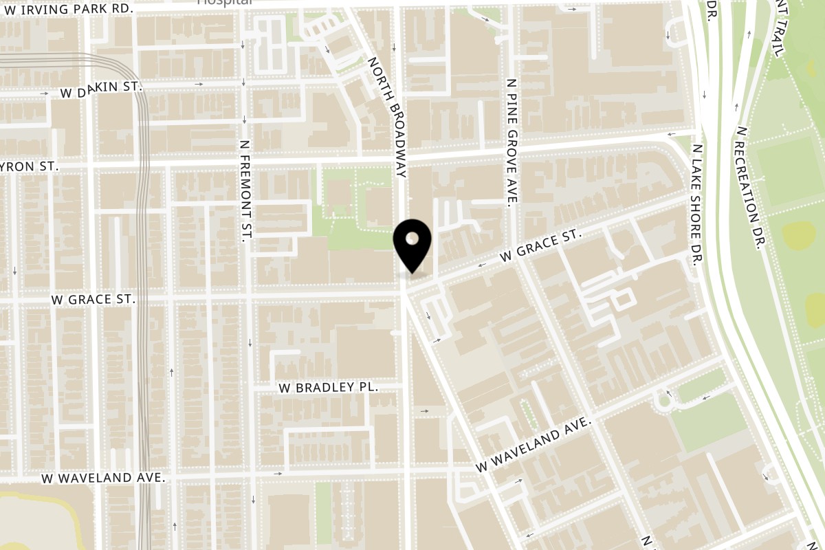 Map showing the location of Pancake Cafe Wrigleyville on 3805 North Broadway in Chicago
